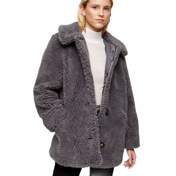 Topshop Jackets & Blazers - Topshop Borg Teddy Faux Fur Coat Charcoal Gray 8
